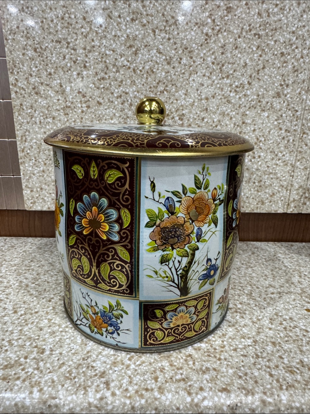 Decorative Floral Tin Canister Made in England with Gold Accent Lidded